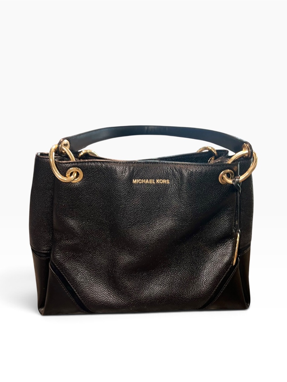Michael Kors Black Leather Tote Shoulder Bag Gold Hardware MK Charm - Picture 3 of 14